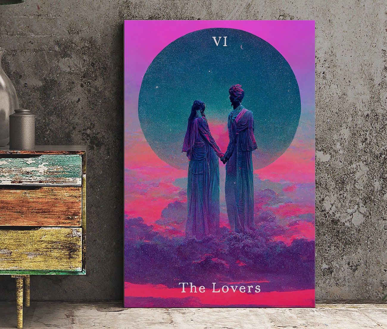 The Lovers- Tarot Card Print - The Lovers Card Vaporwave Poster, No Frame