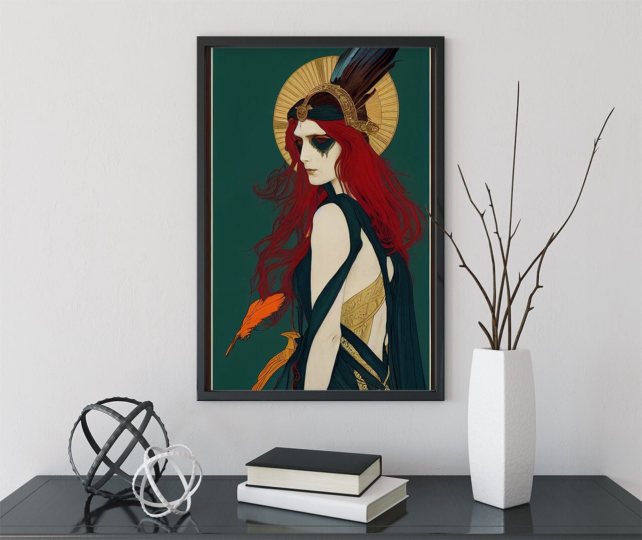 The Morrigan Poster, Warrior Goddess Print in the style of Mucha, No Frame