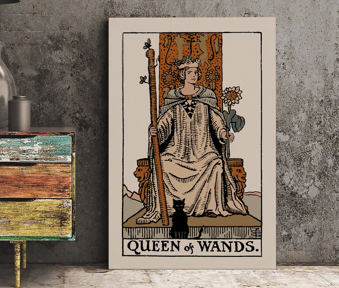 The Queen Of Wands- Tarot Card Print - The Queen Of Wands Card Neutral Vibe Poster Eclectic Tarot, No Frame