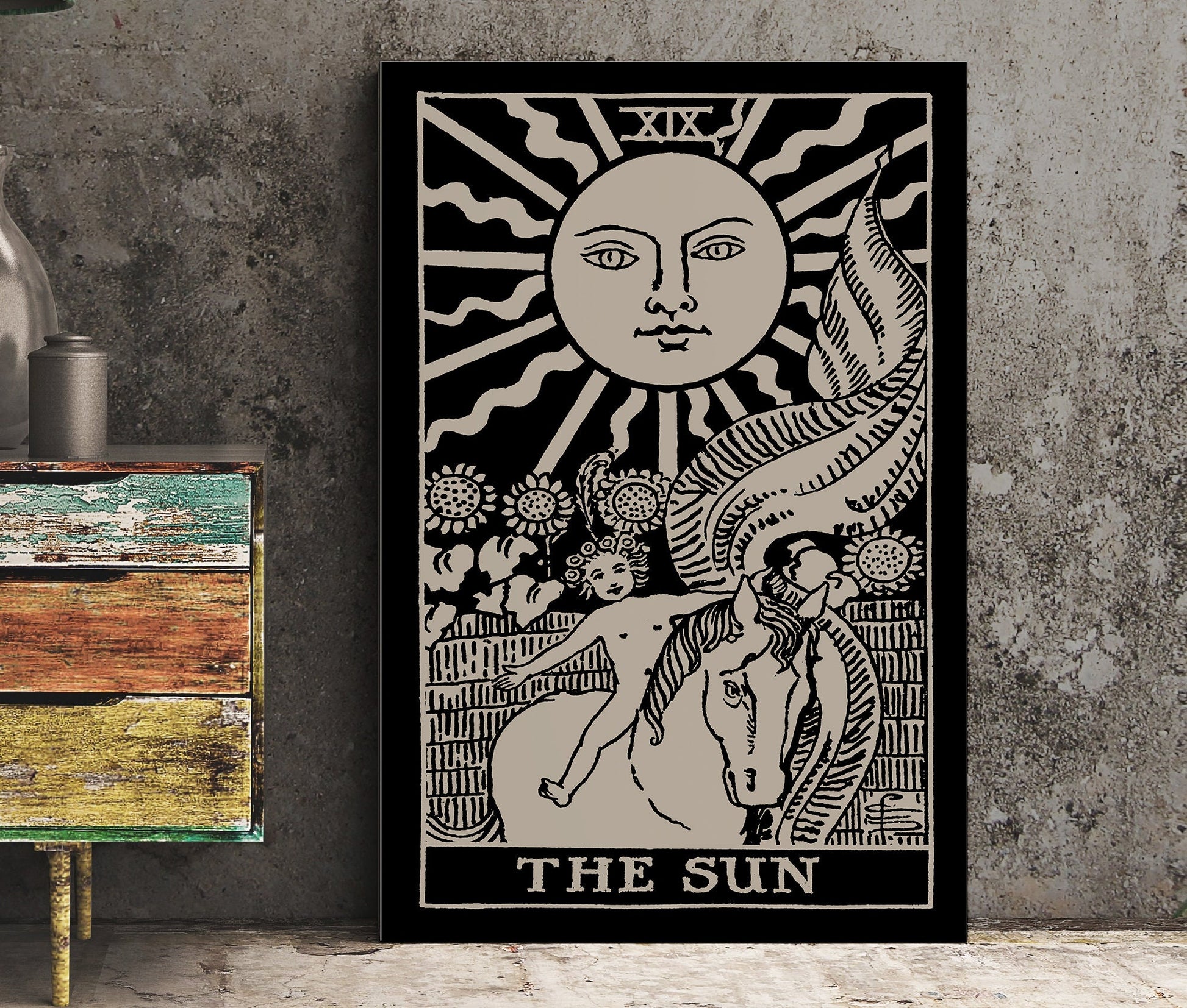 The Sun- Tarot Card Print - The Sun Card Black Poster, No Frame