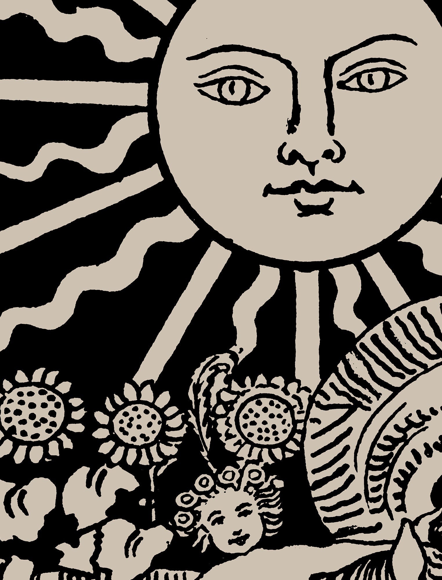 The Sun- Tarot Card Print - The Sun Card Black Poster, No Frame