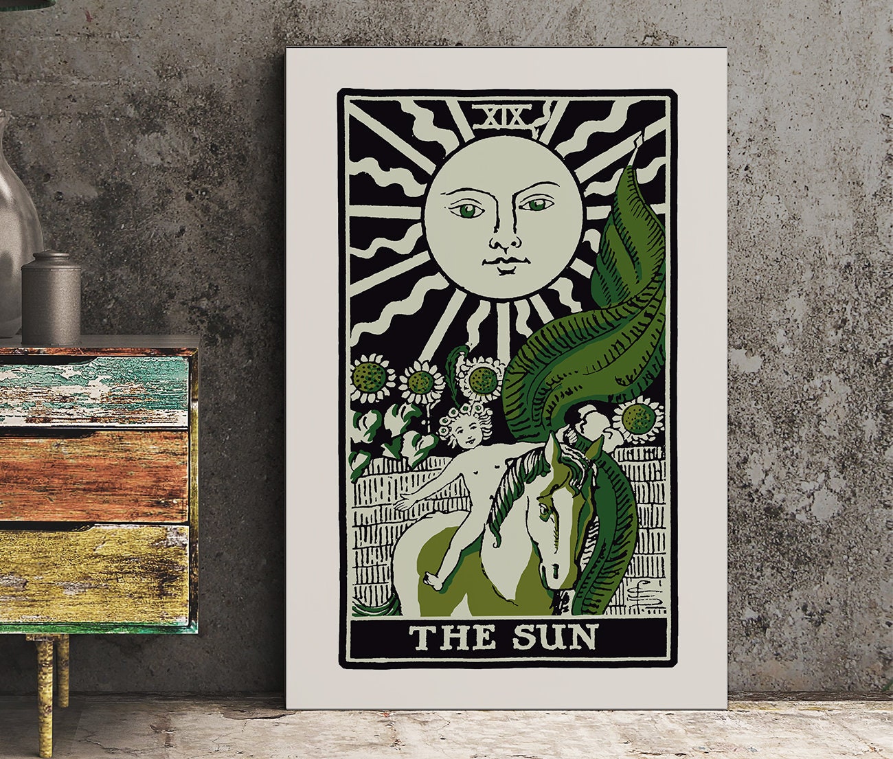 The Sun- Tarot Card Print - The Sun Card Emerald Green and Black Poster, No Frame