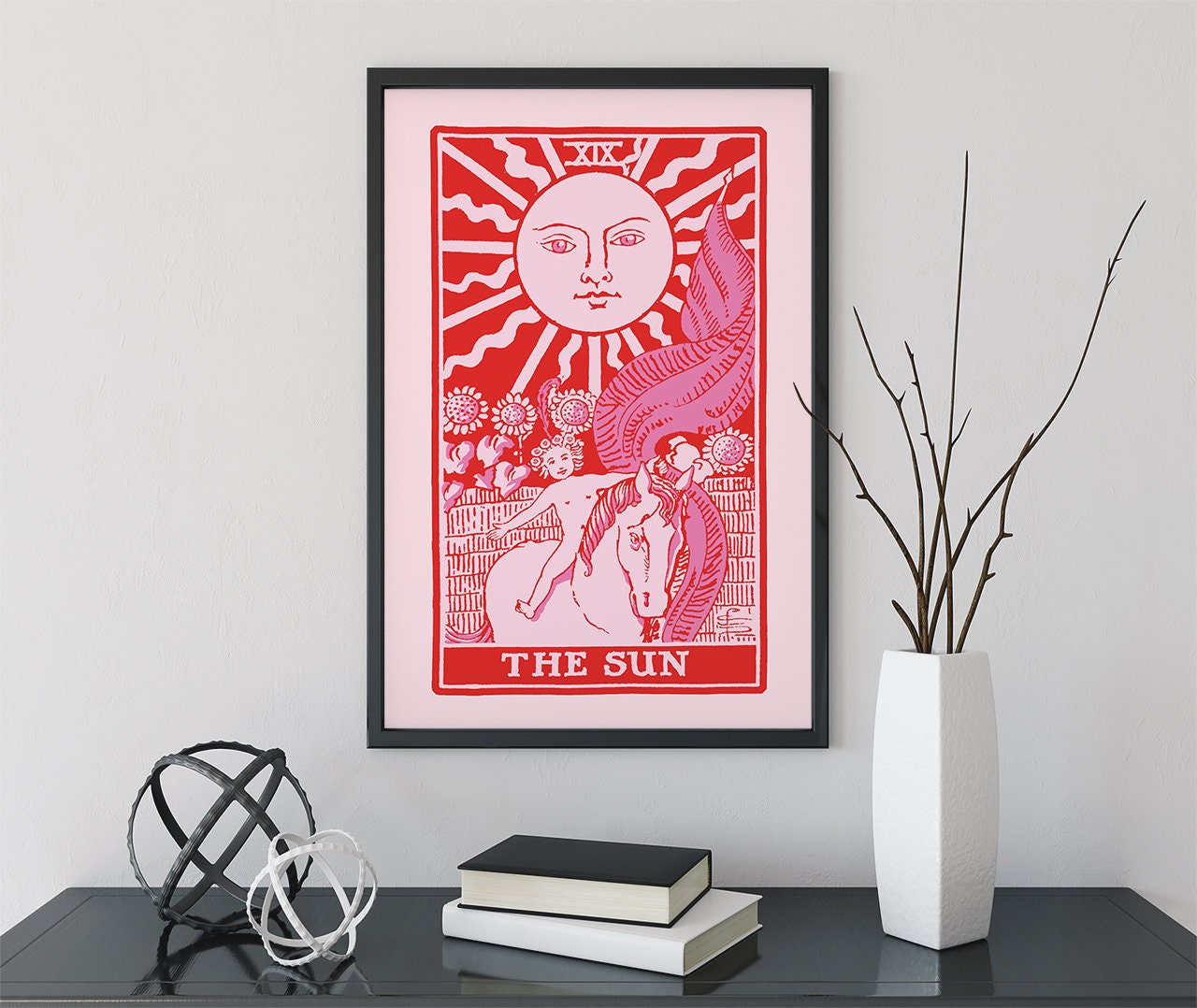 The Sun- Tarot Card Print - The Sun Card Pink and Red Poster, No Frame