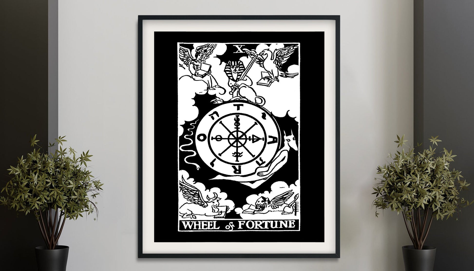 The Wheel of Fortune - Tarot Card Print - The Wheel of Fortune Black Card Rider Waite Black Poster, No Frame