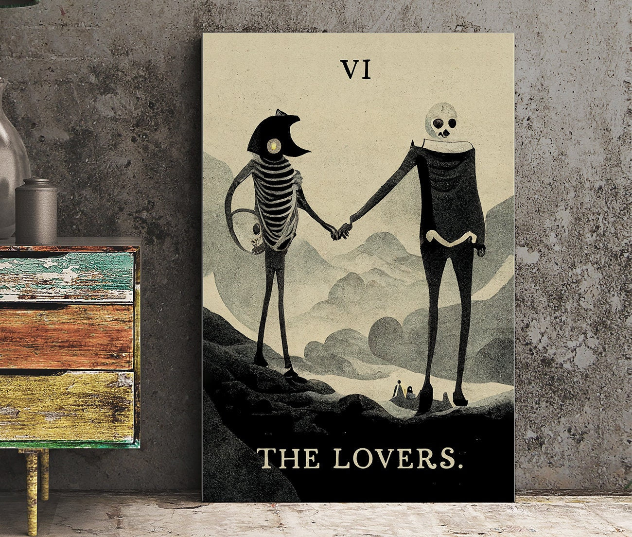 Two Skeleton Lovers Tarot Card The Lovers- Tarot Card Print - The Lovers Card Poster - Fun Tarot Card, No Frame