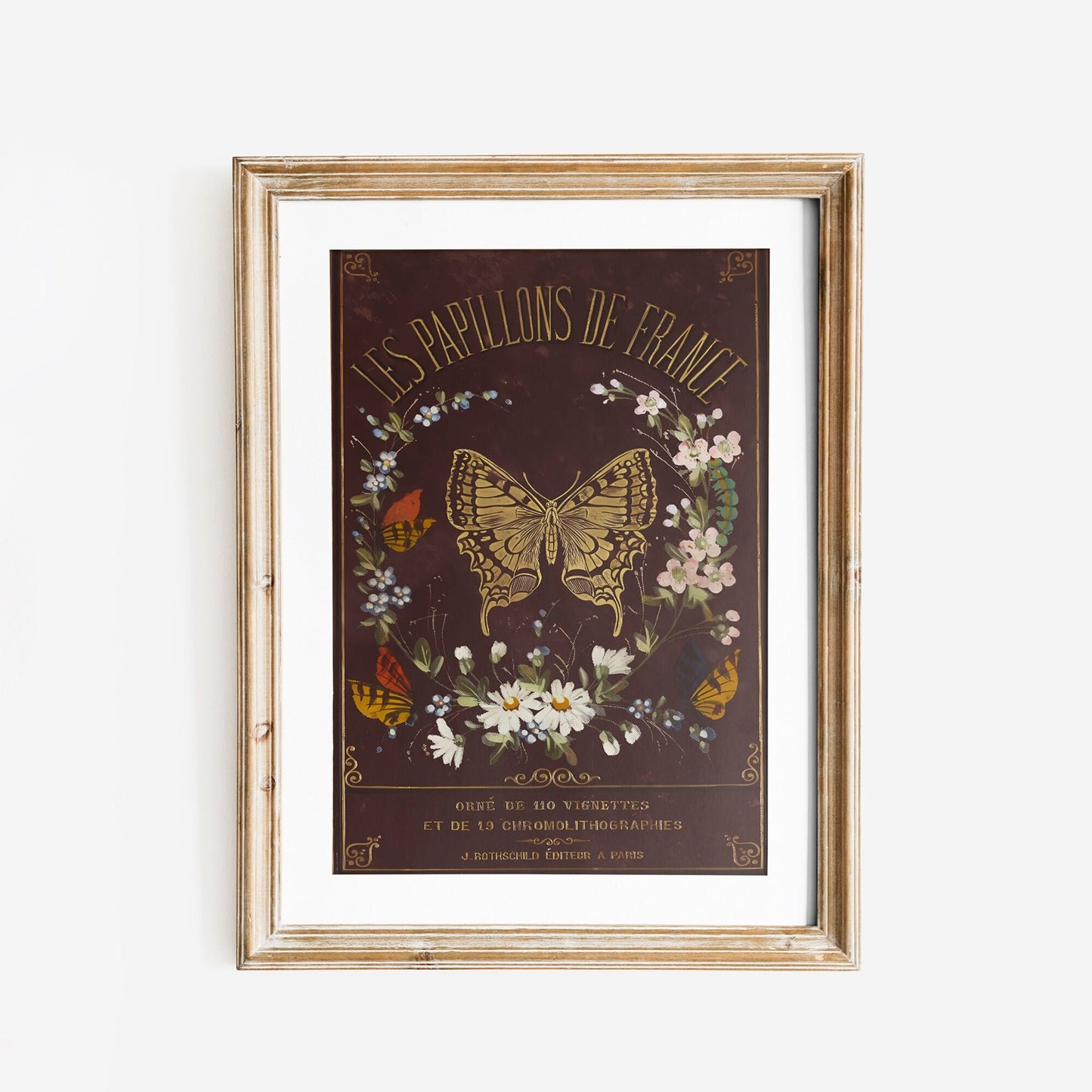 Vintage Book Cover Print - Beige and Gold - Art Nouveau Poster - Butterfly Floral Print - Bohemian Print Large Artwork