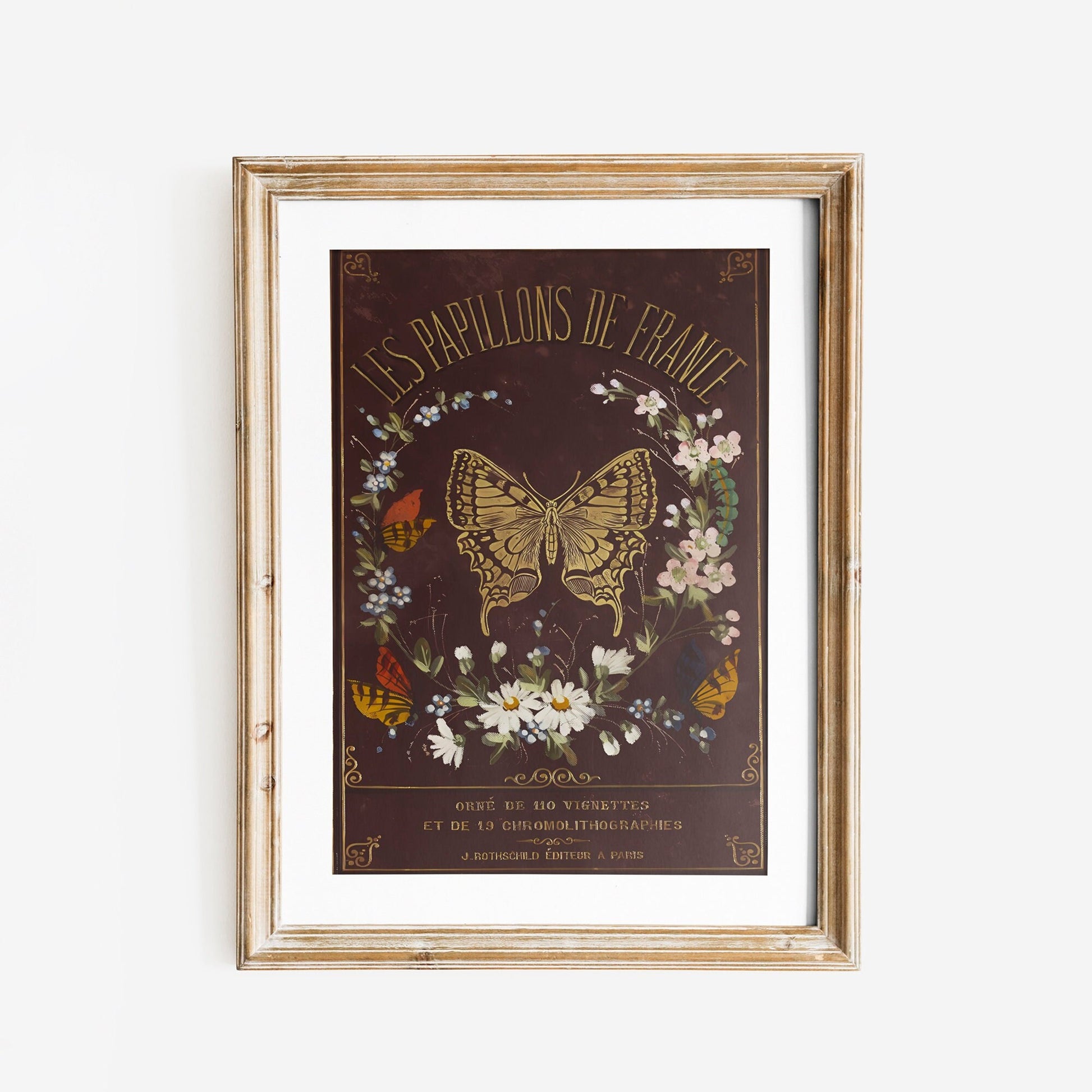 Vintage Book Cover Print - Beige and Gold - Art Nouveau Poster - Butterfly Floral Print - Bohemian Print Large Artwork