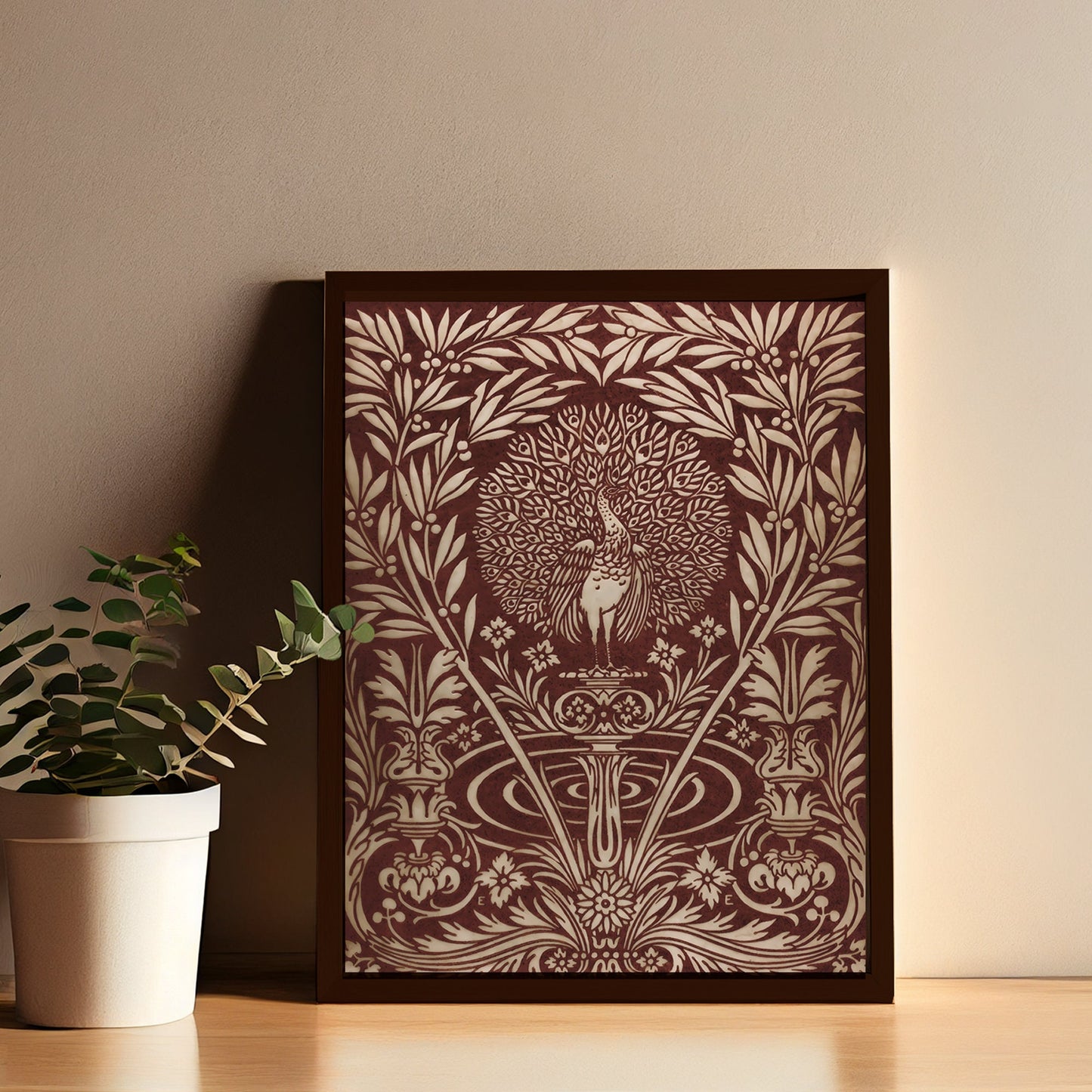 Vintage Book Cover Print - Beige Peacock - Art Nouveau Poster - Peacock Floral Print - Bohemian Print Large Artwork