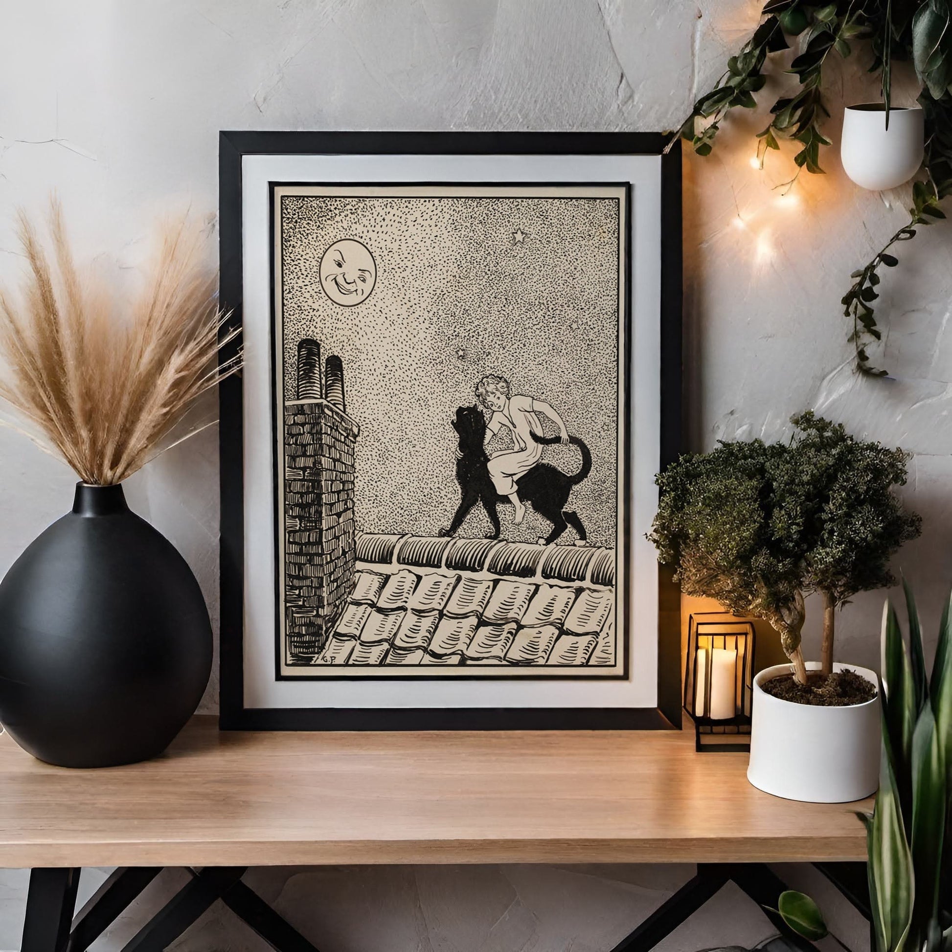 Vintage Cat and Moon Print - Black and Beige Art - Art Nouveau Poster - Art Deco