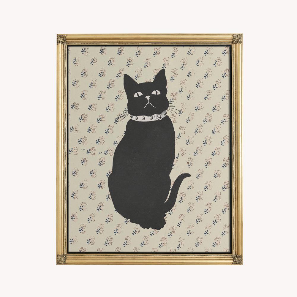 Vintage Cat Print - The Black Cat illustration - Beige and Black