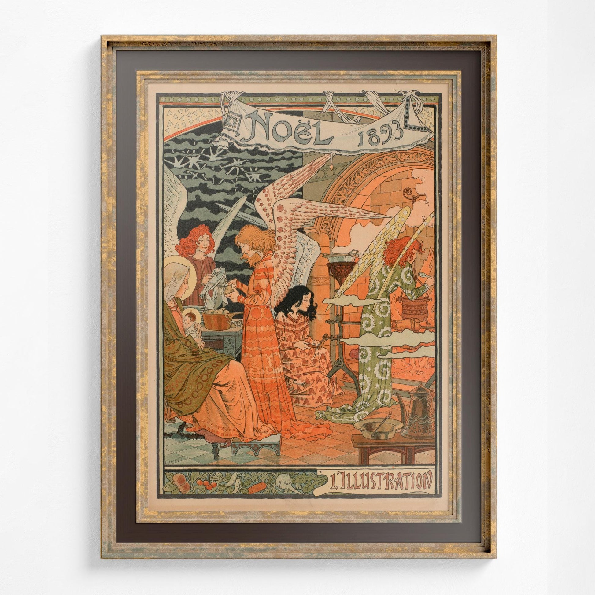 Vintage Christmas Print with Angels - Art Nouveau Poster - Bohemian Print Large Artwork