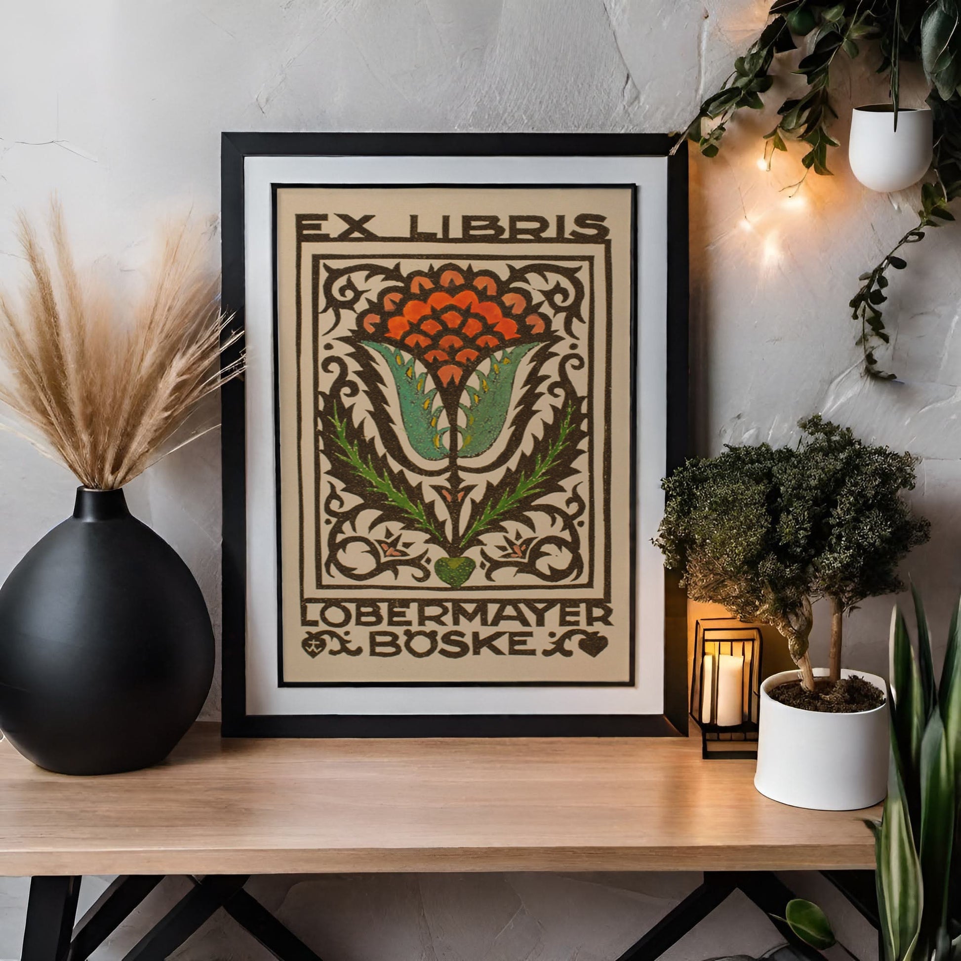 Vintage Flower Print - Ex Libris - Art Nouveau Poster - Print Bohemian Print - Large Artwork - Red and Beige