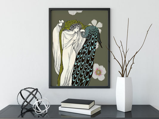 Vintage Peacock Print Bohemian Artwork The Kiss Illustration Large Fine Art Poster by My Store
