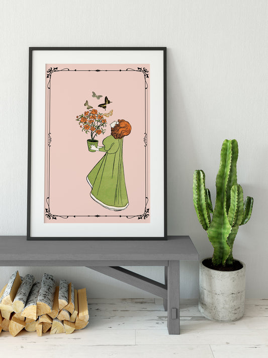 Vintage Pink Print Nouveau Flower Girl Artwork Large Fine Art Print By Josef Rudolf Witzel by My Store
