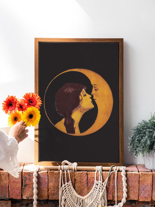 Woman Kissing Moon Art Nouveau Bohemian Print On Black Background Premium Archival Paper by My Store