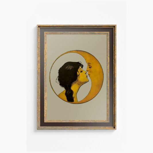 Woman Kissing Moon Art Nouveau Print Bohemian Artwork In Light Beige For Elegant Living Room Decor by My Store