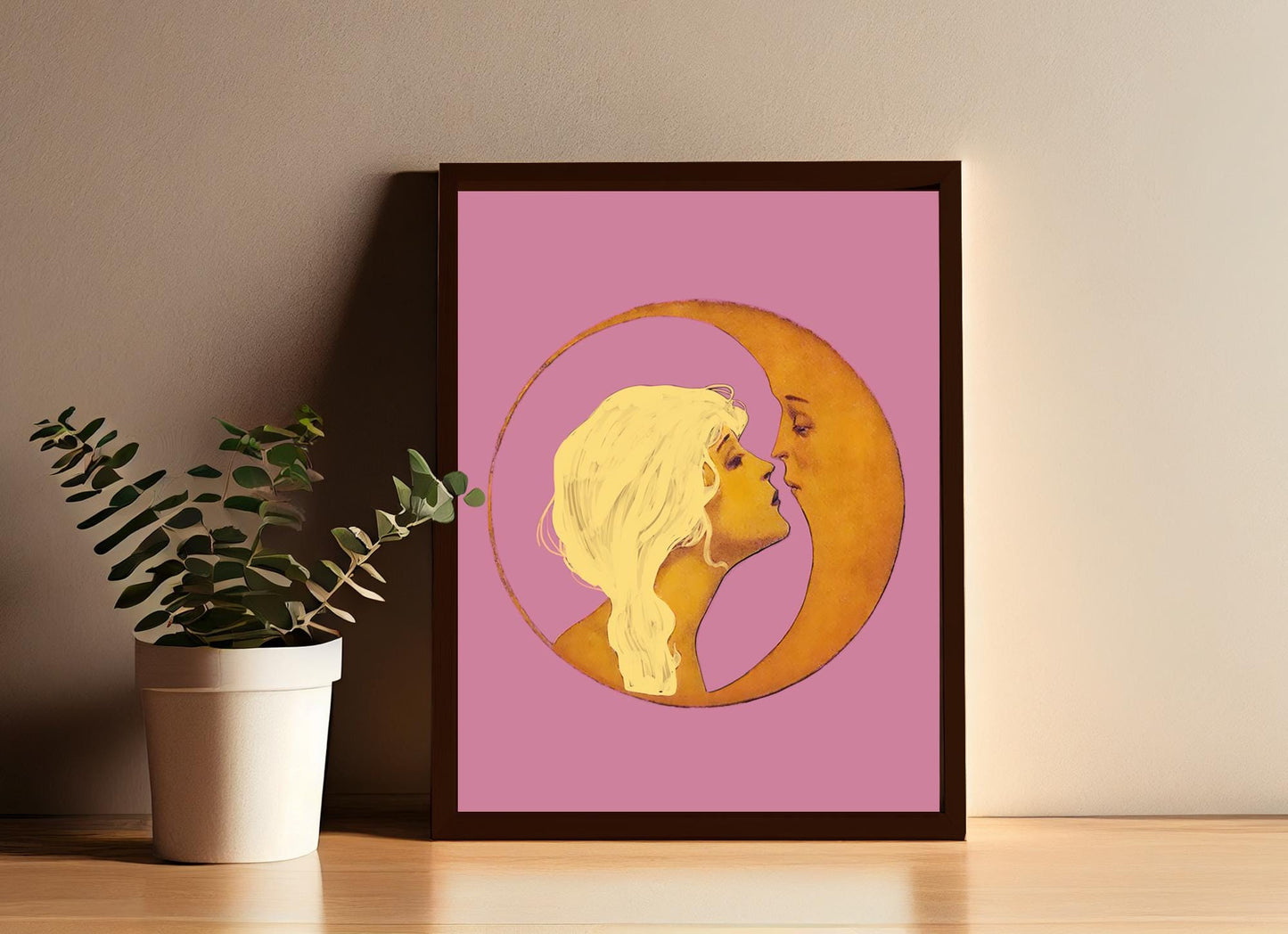 Woman Kissing Moon in Pink - Art Nouveau Print Bohemian Print Artwork - Blonde - Pink Wall Art
