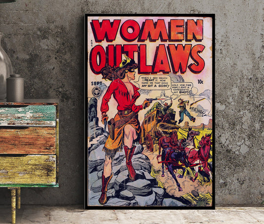 Women Outlaws Comic Book Cover Poster Vintage Comic Book Art - Feminist Comic Book Art Print, No Frame