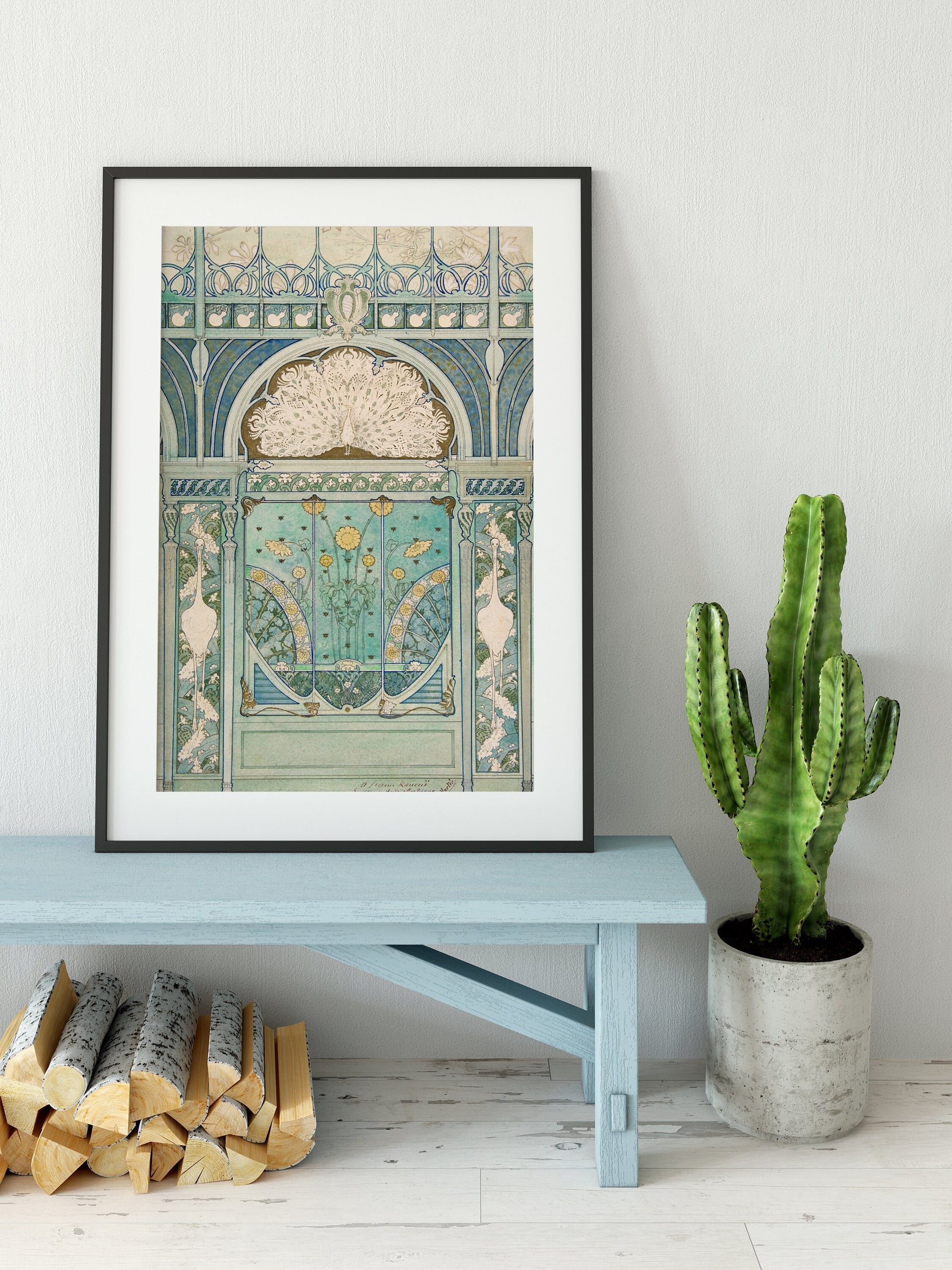 Blue Art Nouveau Hotel Poster - Teal Vintage - Peacock and Cranes - Bohemian Print