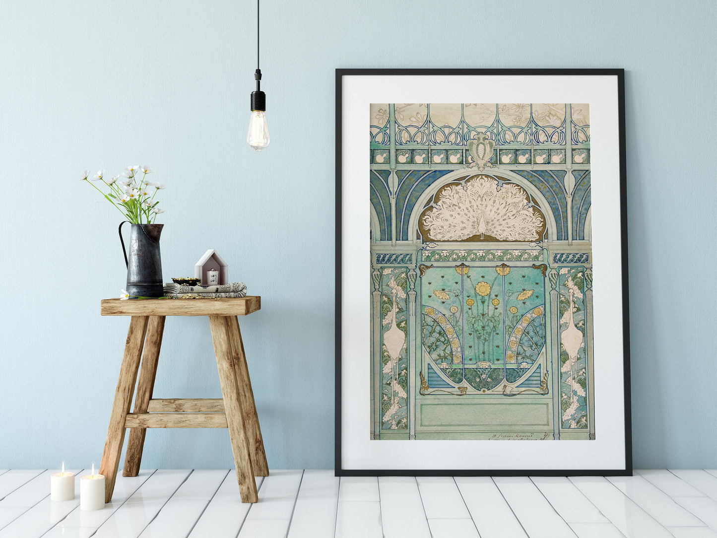 Blue Art Nouveau Hotel Poster - Teal Vintage - Peacock and Cranes - Bohemian Print