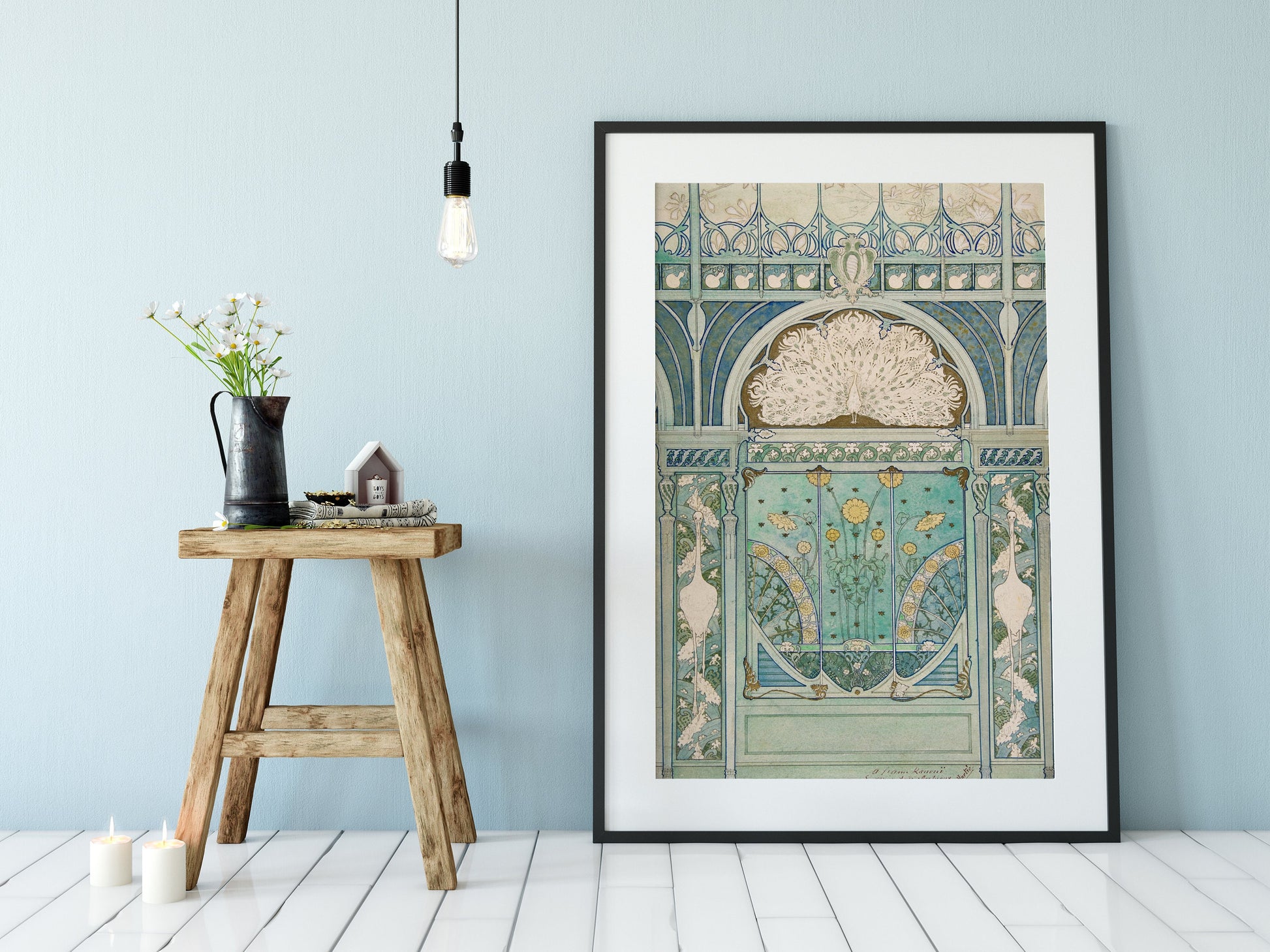 Blue Art Nouveau Hotel Poster - Teal Vintage - Peacock and Cranes - Bohemian Print