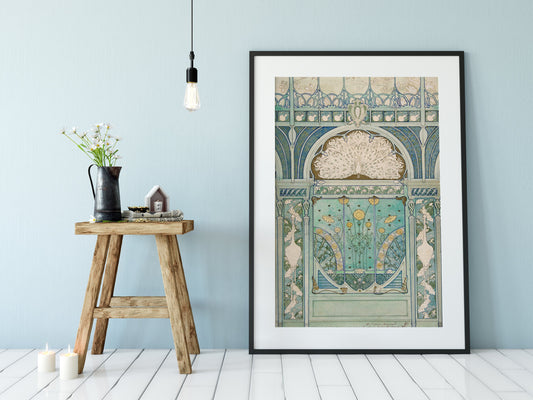 Blue Art Nouveau Hotel Poster Teal Vintage Peacock Print Bohemian Fine Art Premium Archival by My Store