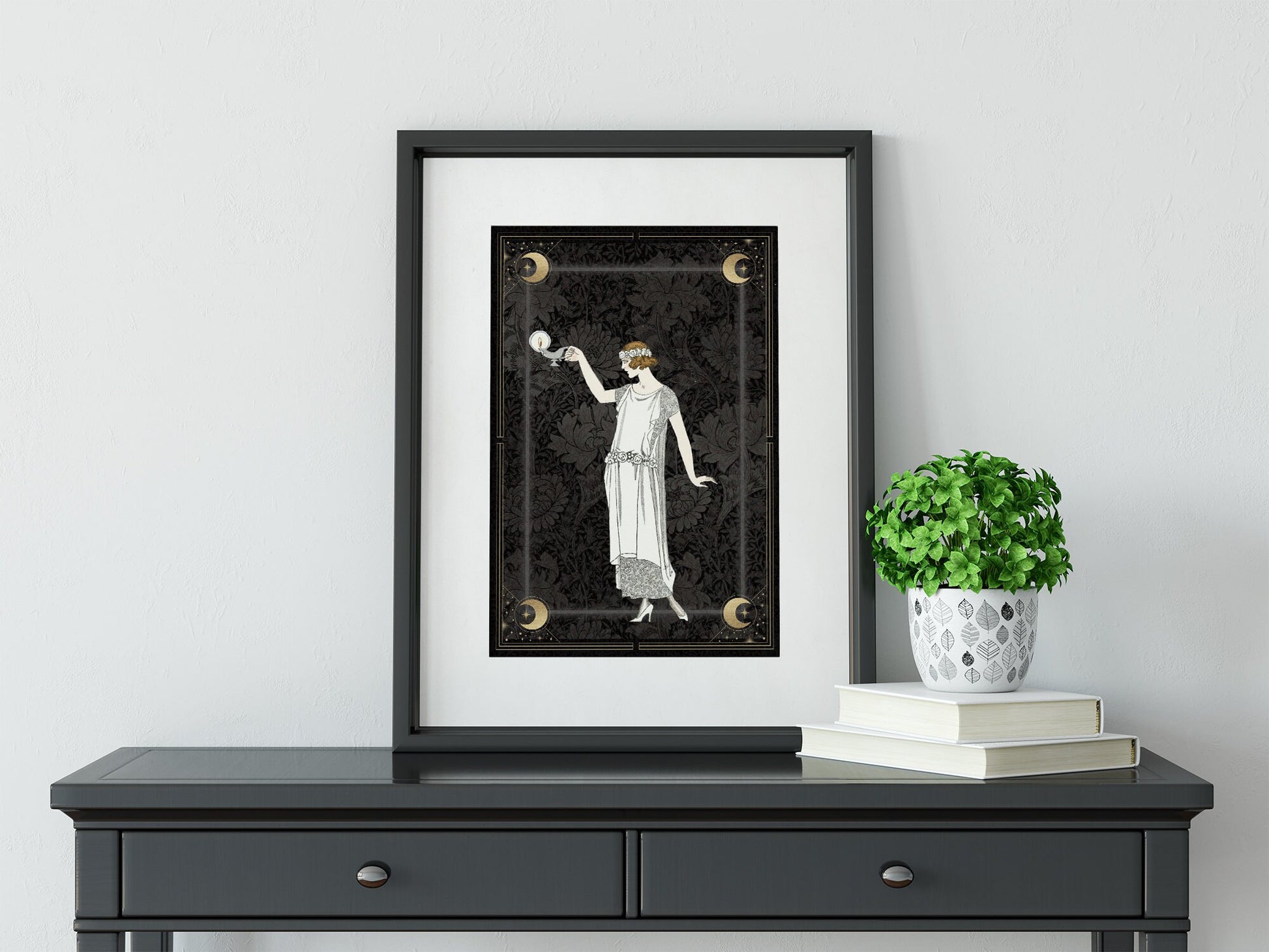 Deco - Art Nouveau Goddess - Silver and Gold Moon - Poster And Frame - Bohemian - Goddess Print Large Artwork Hippie Lady