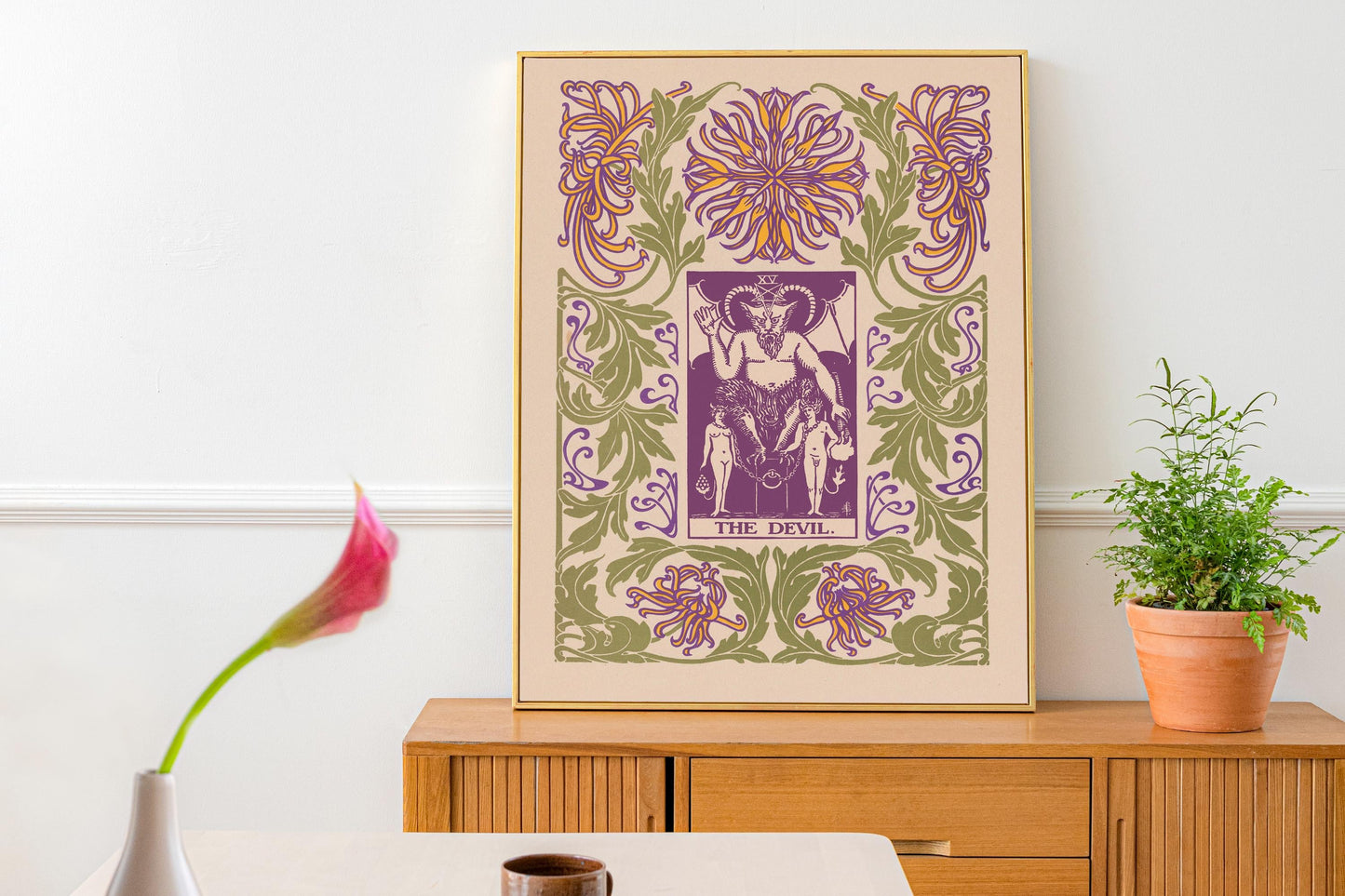 The Devil Card Print - Floral Nouveau Tarot - Unique Tarot Print - Vintage Tarot Art - Purple and Green
