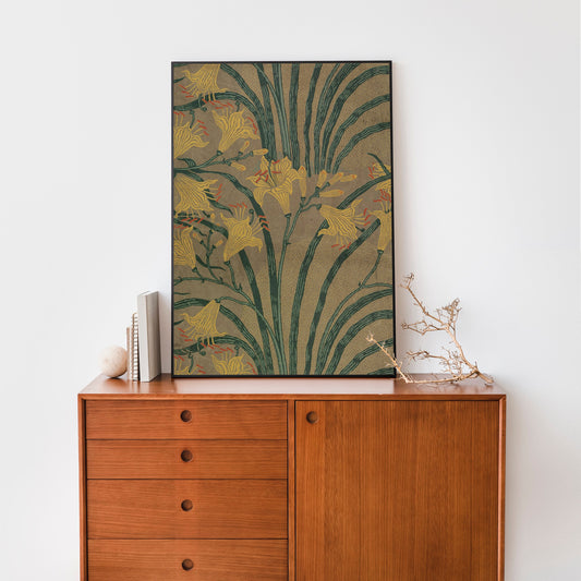 Vintage Green And Beige Walter Crane Floral Print Artwork by My Store