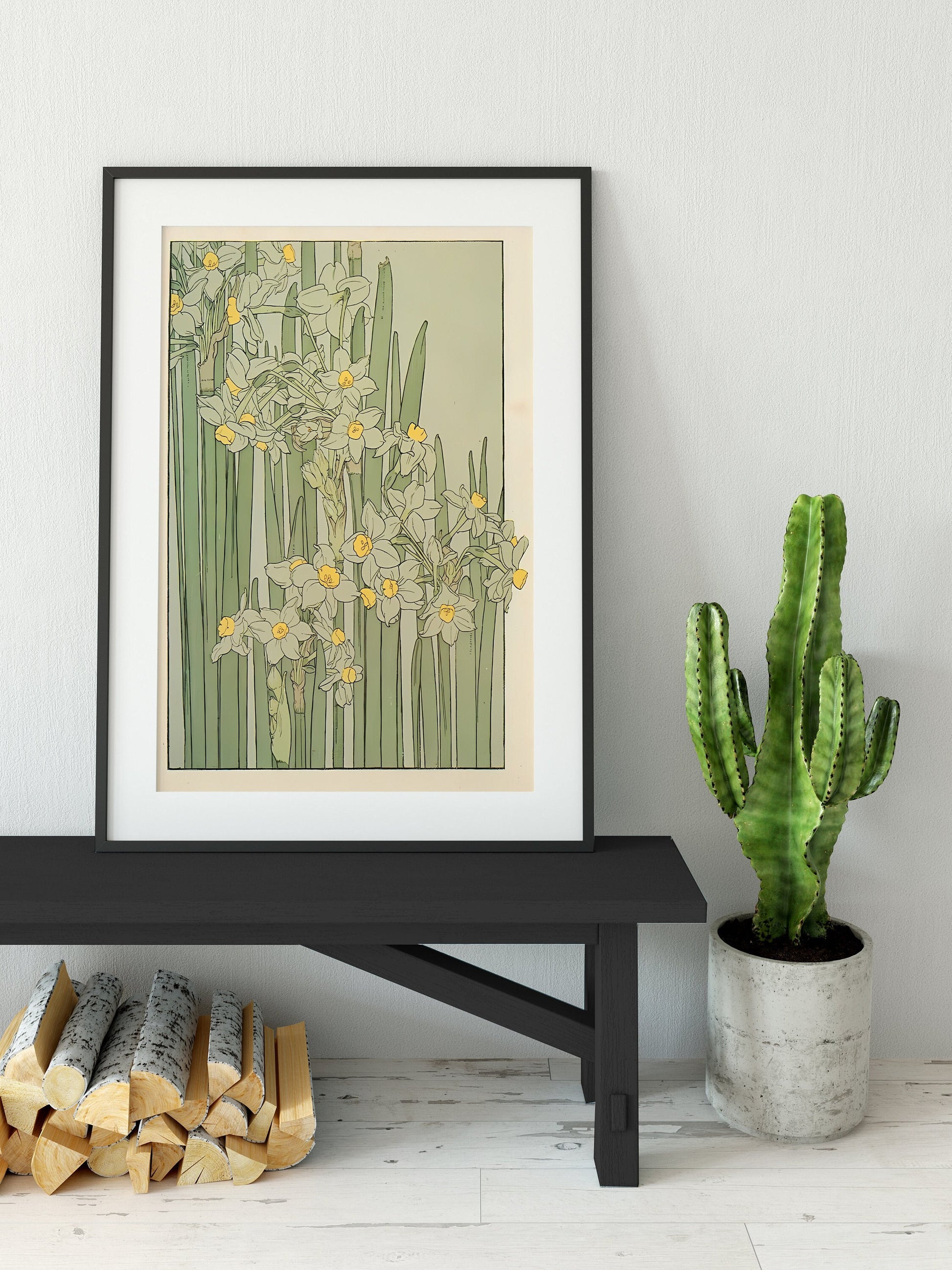 Vintage Green Floral - Nouveau Flower Print - Bohemian - Print Large Artwork - Green and Yellow