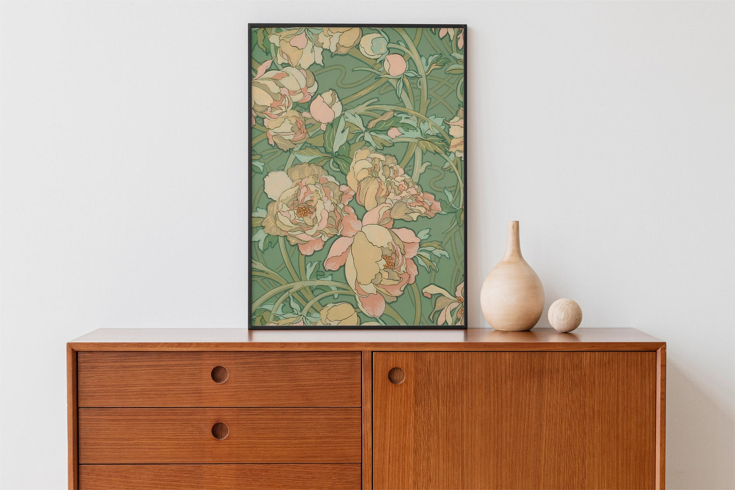 Vintage Green Floral - Peach Nouveau Flower Print - Bohemian - Print Large Artwork - Green and Pink