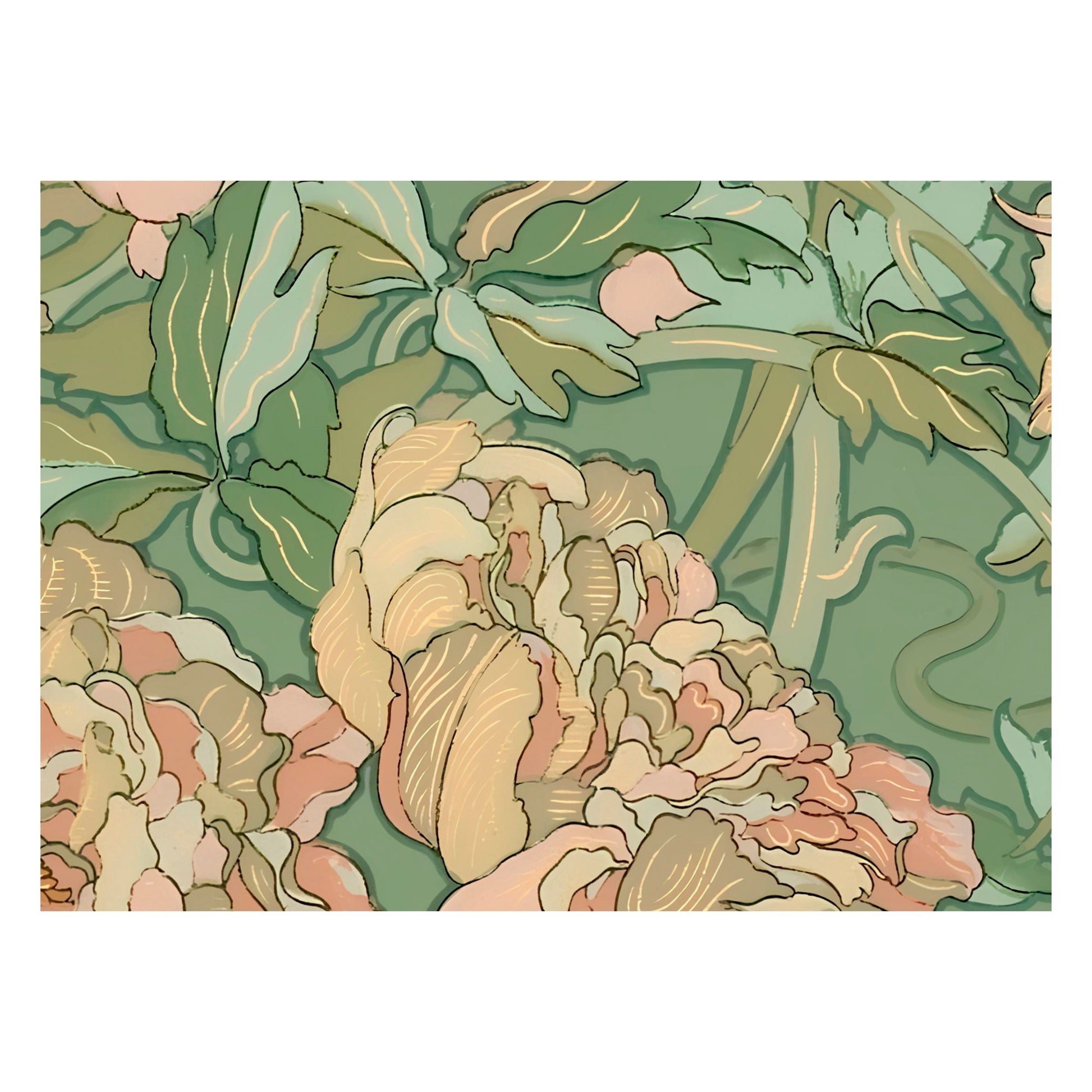 Vintage Green Floral - Peach Nouveau Flower Print - Bohemian - Print Large Artwork - Green and Pink