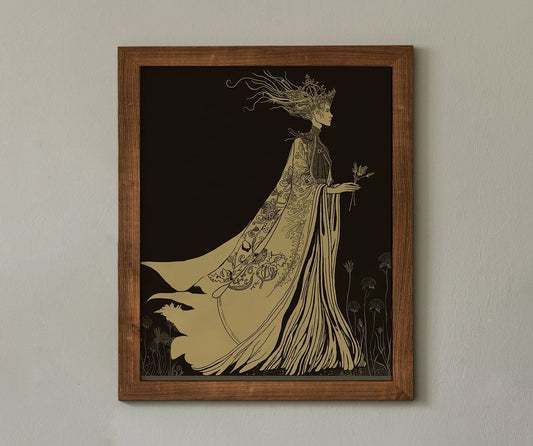 Mother Earth Art - Hand Drawn Print, Mother Earth, Dark Academia, Beige and Gold (No Frame)
