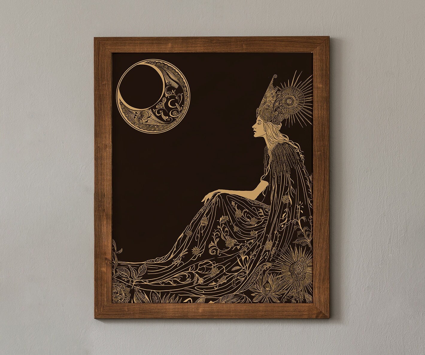 Sun Goddess Art - Hand Drawn Print, Sun Worshipper, Dark Academia, Beige and Gold (No Frame)
