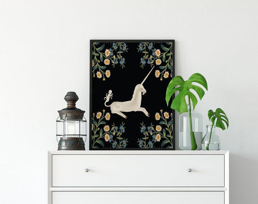 Medieval Unicorn Print - Medieval Floral Poster - Unicorn Poster - Vintage Unicorn with Flora