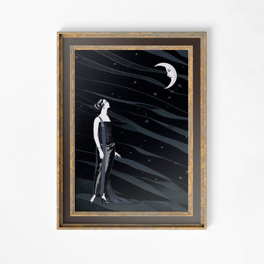 Woman and Moon - Art Nouveau Goddess - Black and Blue - Poster - Bohemian - Goddess Print Large Artwork Moon Lady