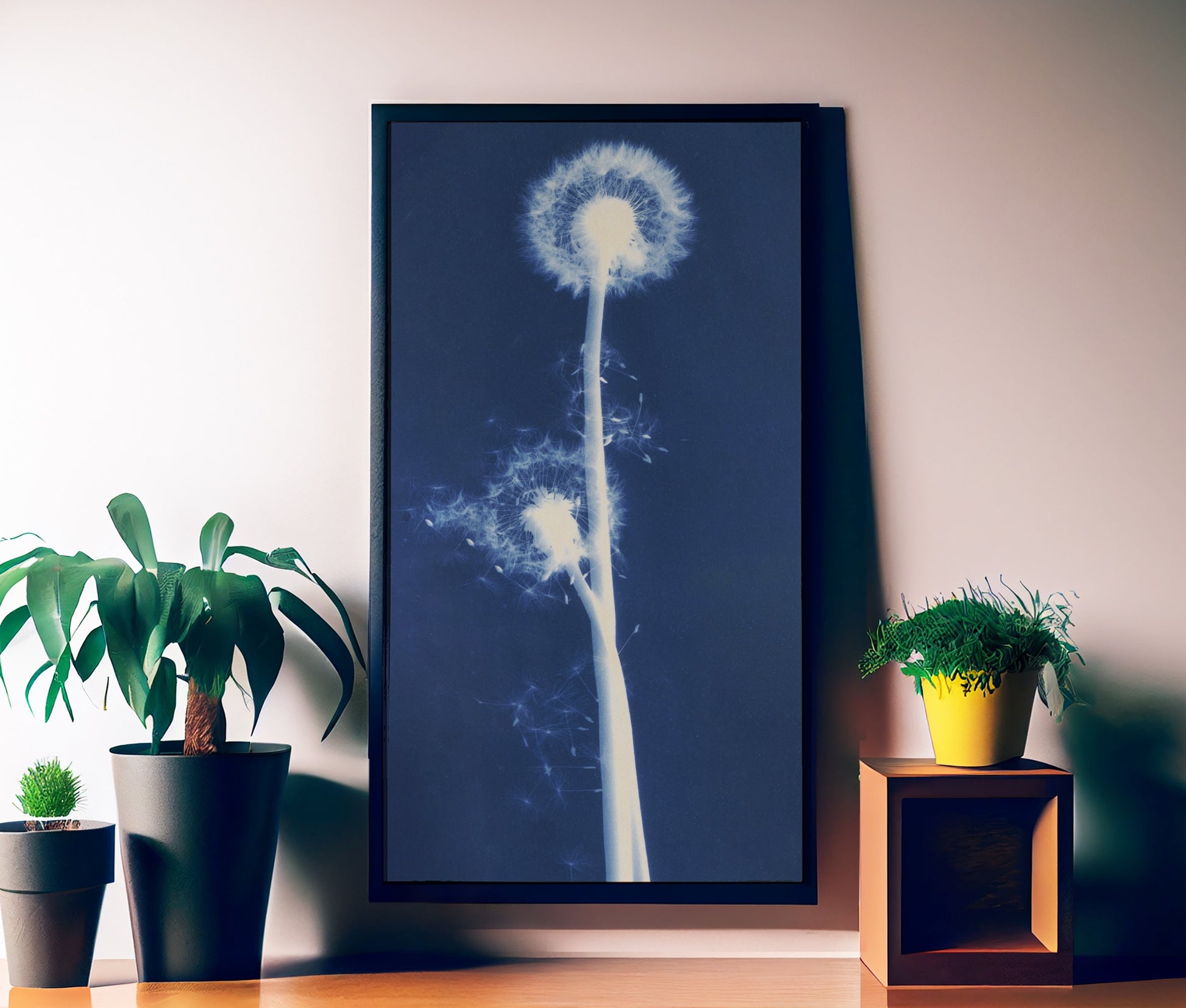 Dandelion Print - Nature Cyanotype - Bohemian Vintage - Print Large Artwork - Floral - Long Poster - Indigo