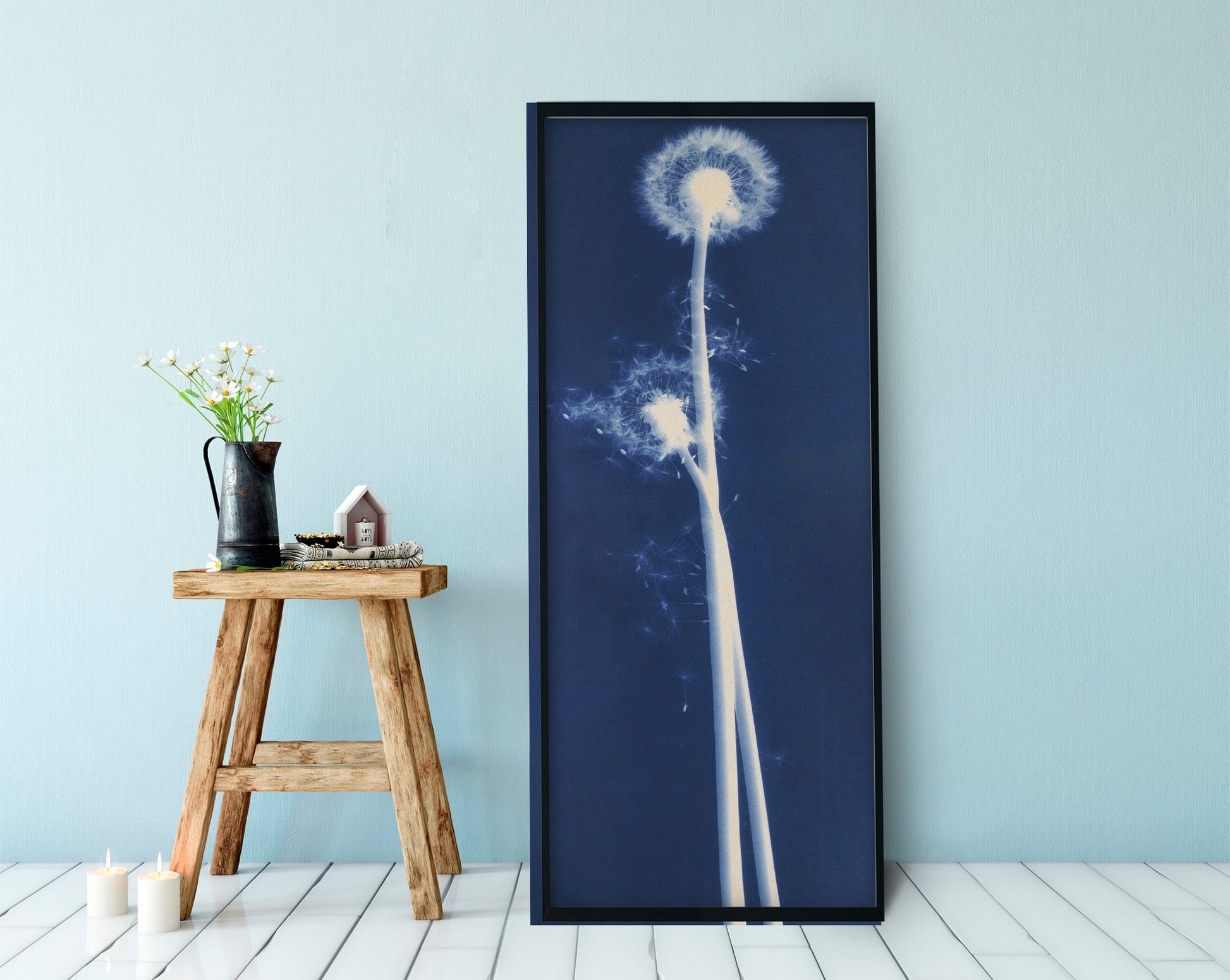 Dandelion Print - Nature Cyanotype - Bohemian Vintage - Print Large Artwork - Floral - Long Poster - Indigo