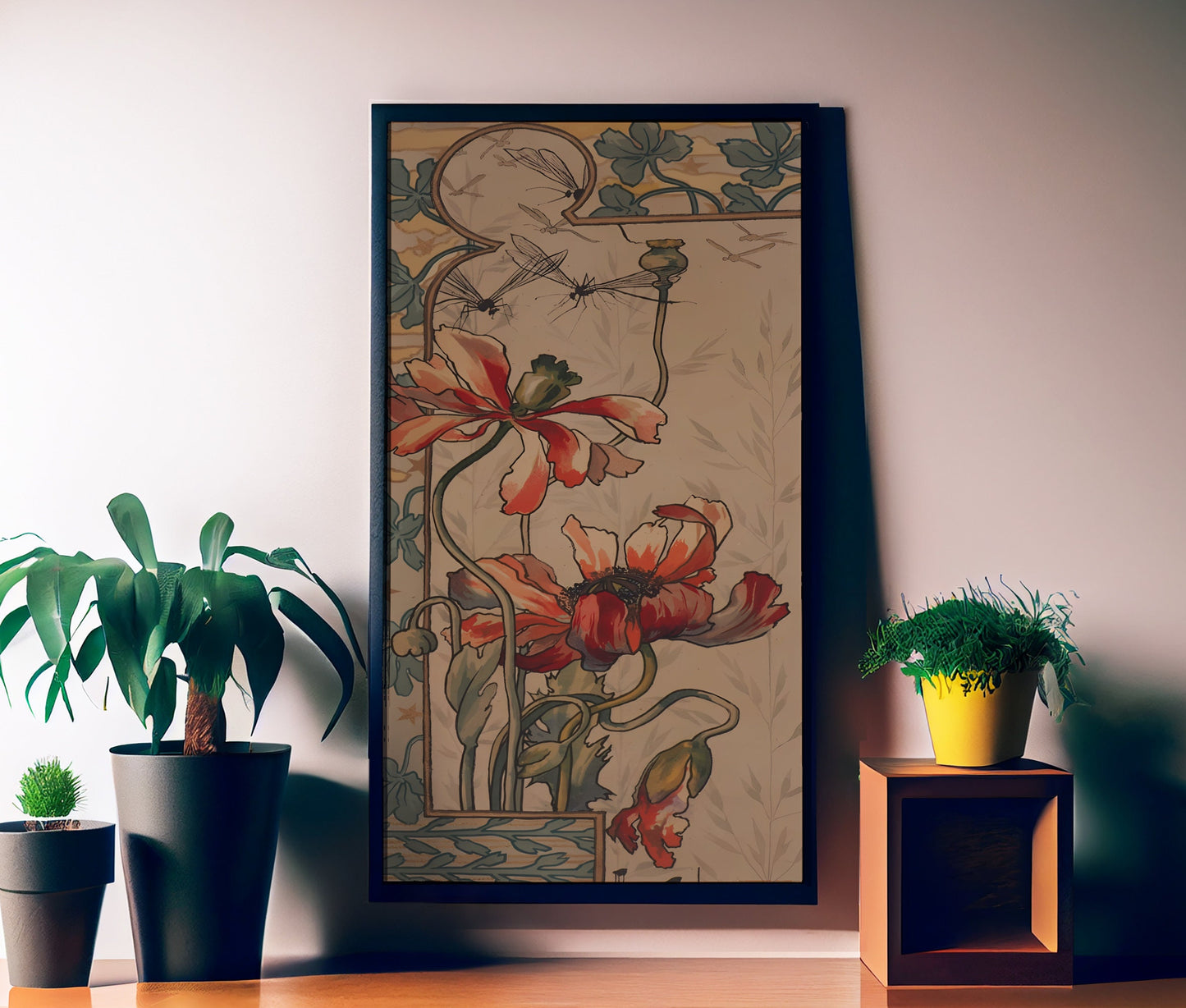 Floral Art Nouveau Print - Art Nouveau Poster Bohemian Print Large Artwork - Red and Beige - Long Poster