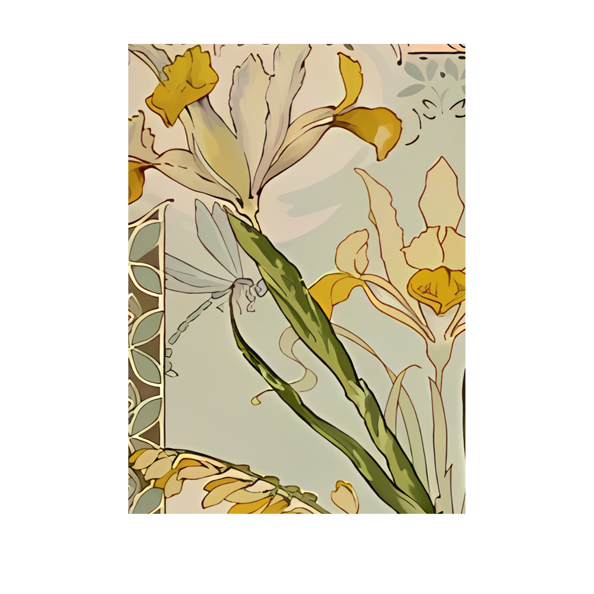 Floral Art Nouveau Print - Art Nouveau Poster Bohemian Print Large Artwork - Yellow Iris - Long Poster