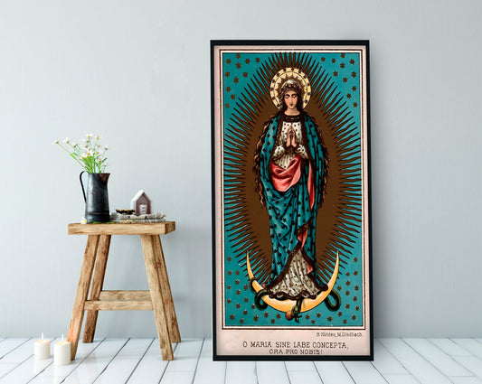 Saint Mary Art - Vintage - Art Nouveau Print - Teal Vintage Nouveau Poster - Bohemian Print - Blessed Virgin - Lithograph - Maria