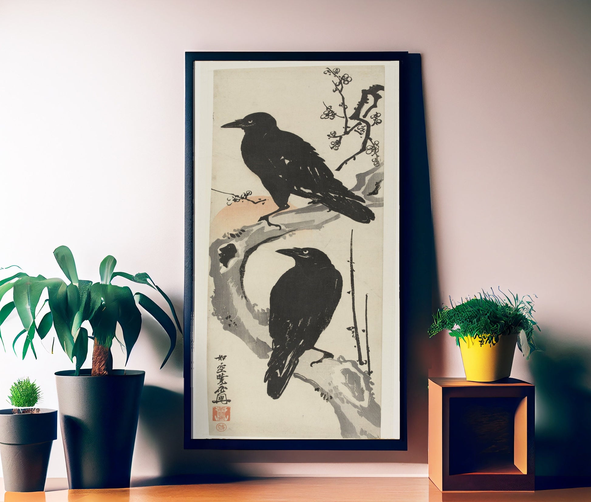 Japanese Woodblock - Crows - Bohemian Vintage - Print Large Artwork - Floral - Long Poster - 1800s