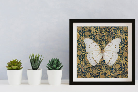 Butterfly Print - Square Print - vintage Floral print - Yellow and Blue - Art Nouveau
