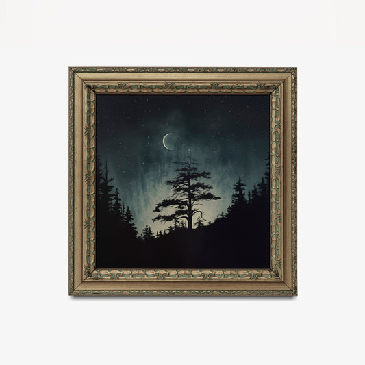 Dark Moody Landscape Painting - Moody Sky - Crescent Moon