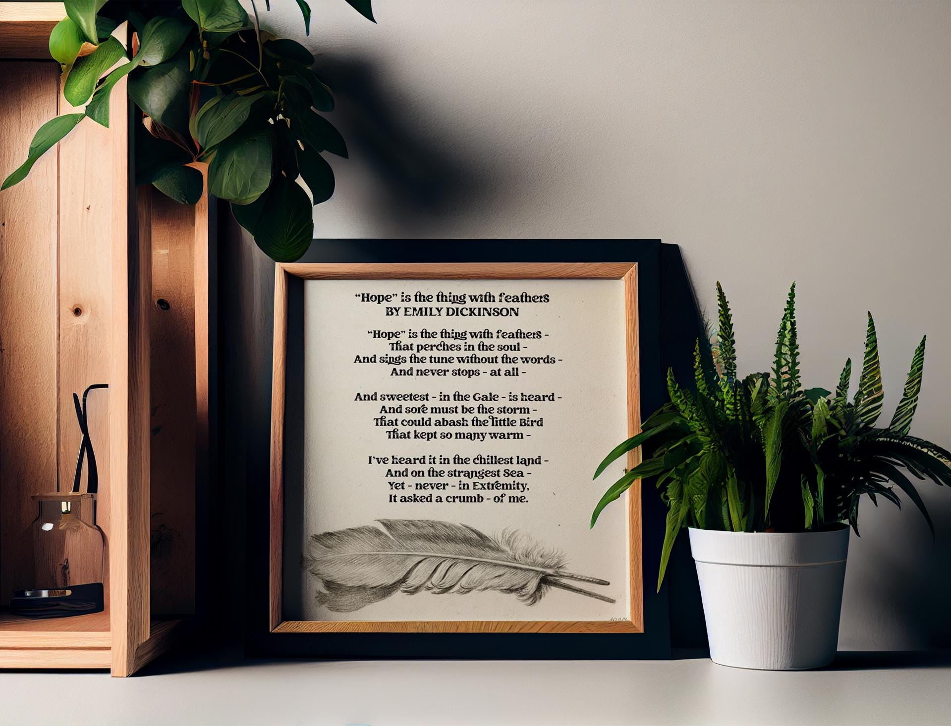 Hope Poem - Emily Dickinson - Poem Print - Art Print - For Your Sacred Space - Feather Print Vintage - Literary Wall Art