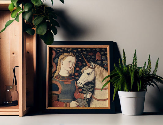 Medieval Unicorn and Girl - Vintage Art - Medieval Print - Navy and Red
