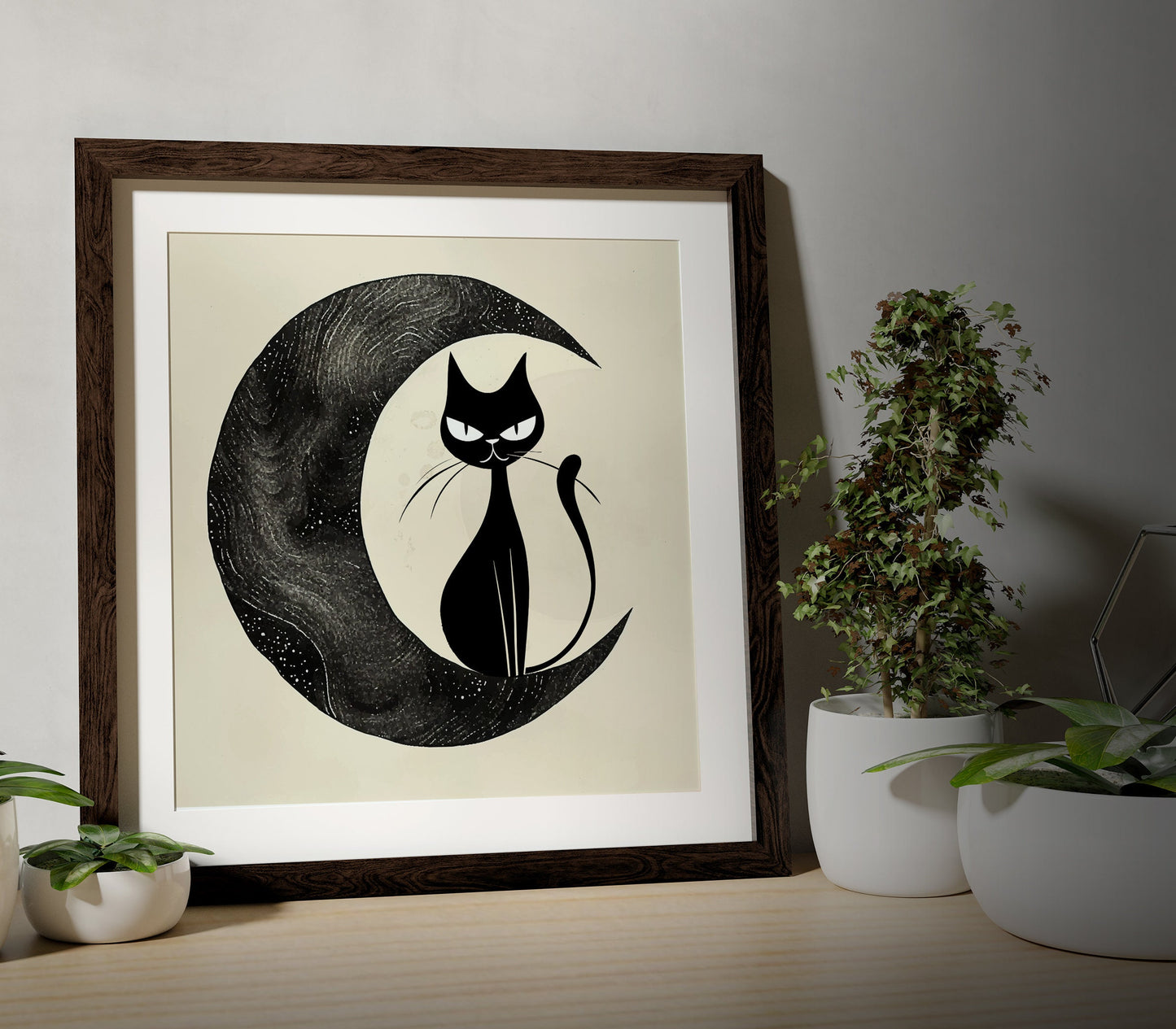 Midcentury Modern Cat and Moon Print - Black and Beige - Square Print