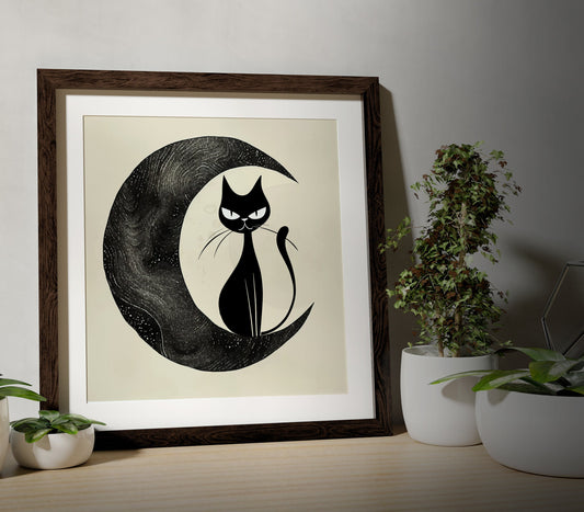 Midcentury Modern Cat and Moon Print - Black and Beige - Square Print