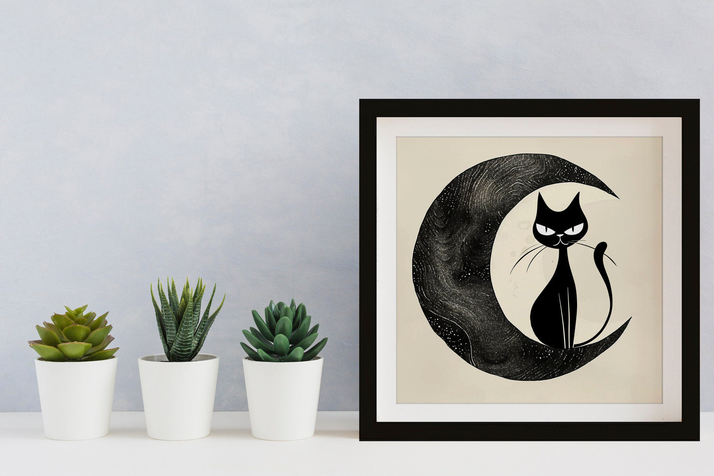Midcentury Modern Cat and Moon Print - Black and Beige - Square Print