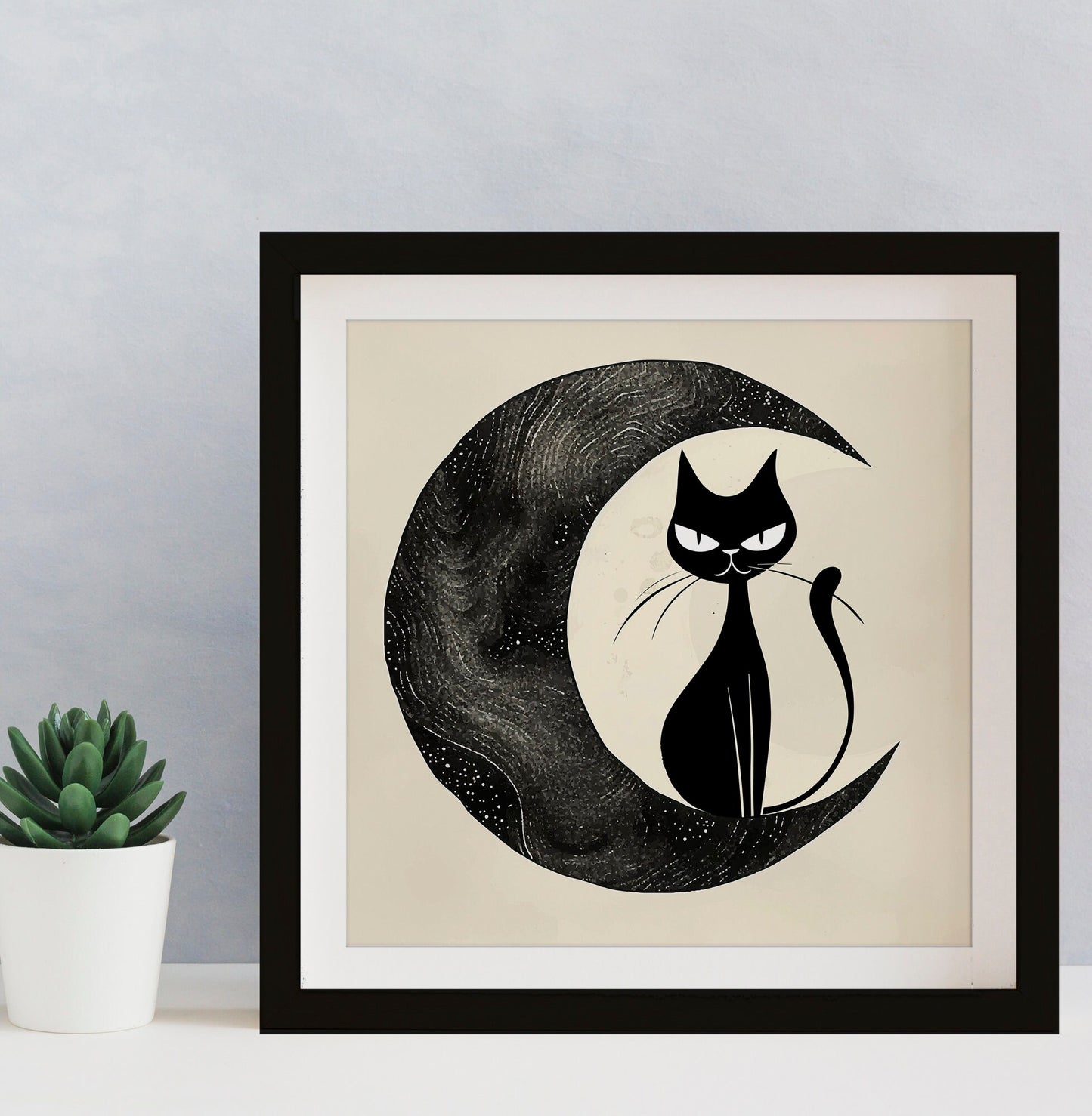 Midcentury Modern Cat and Moon Print - Black and Beige - Square Print